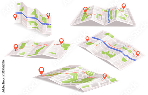 Collection of isometric folded city maps with red location pins and route paths on a white background. Concept of navigation and travel. Vector illustration