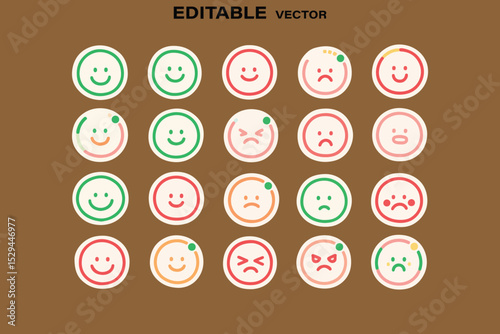 Collection of Emoticons Showing a Range of Emotions from Happy to Angry Vector Illustration for Feedback or Surveys