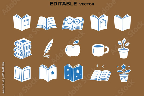 Hand Drawn Doodle Style Education and Learning Icons with Books Plants and Coffee Cup