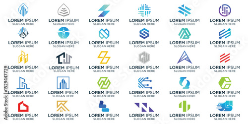 Collection of abstract logo design inspiration, building, technology, business, modern, branding logo.