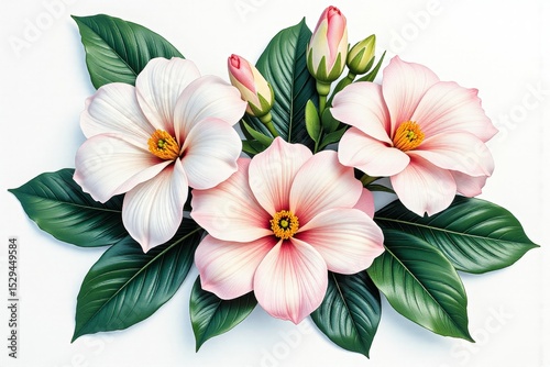 Elegant Pink Magnolia Blossoms with Lush Green Leaves Botanical Floral Arrangement