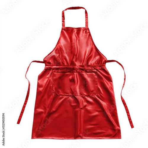 A vibrant red apron with adjustable ties and a front pocket.  Features a smooth, polished appearance
