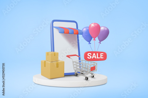 3D illustration vector render of mobile phone store icon on pedestal with shopping cart, SALE sign and balloons and parcel box. Online shopping concept, promotion and delivery service.