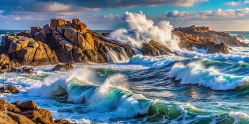 Turbulent ocean waves breaking on rugged coastal rocks