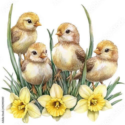 watercolor vector of Chicks Among Daffodils, high quality, isolated on a white background.