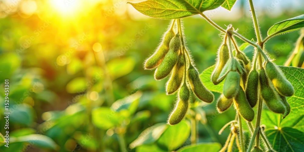 Obraz premium Green soybean plants in a sunlit field with ripe pods hanging amidst lush foliage showcasing agricultural growth and harvest potential