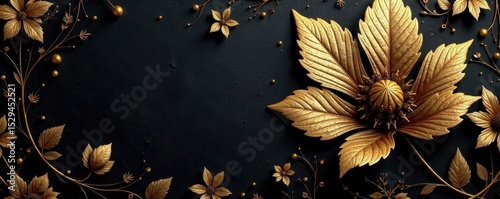 Intricate black & gold floral wallpaper close-up, gold, black, floral