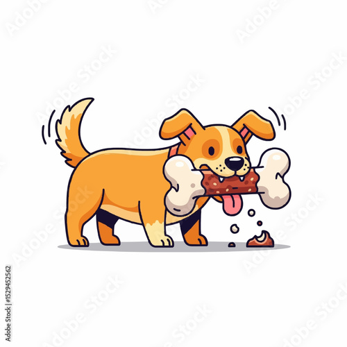 Happy Dog Cartoon Illustration Chewing Delicious Meaty Bone Treat