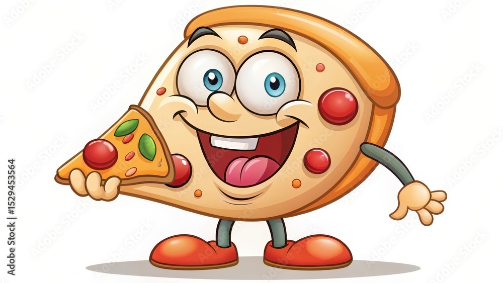 Naklejka premium A cartoon character with a big smile and belly laughs as it eats a large pizza