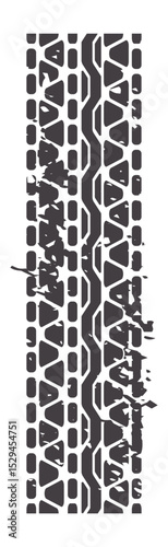 Dark tire track creating a striking vertical grunge pattern on a clean white background, evoking themes of off road adventure and automotive excitement