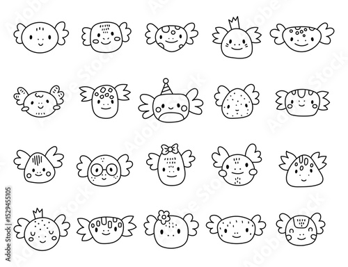 Charming cartoon axolotl face set created for and outline line art with cute animal friendly character head for yours illustration and creative designs projects