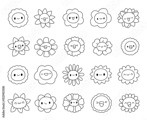 Flower character face outline line art set created using botanical cartoon symbols blooming shapes smile decoration for yours illustration and creative designs projects