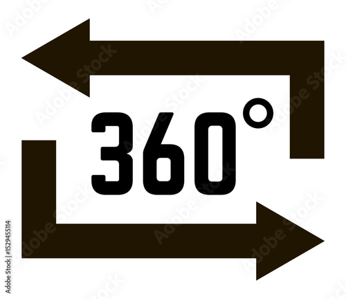 Two black arrows rotating clockwise around 360 degrees number symbolizing full panoramic view, virtual tour, immersive experience, augmented reality and modern technology