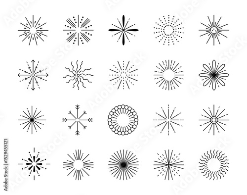 Decorative burst set elements with thin radiating lines and abstract spark shapes arranged as outline firework symbols for yours illustration and creative designs projects