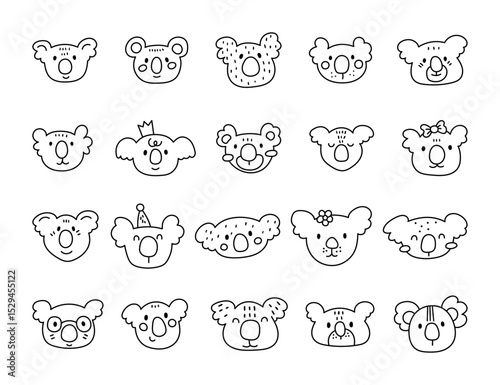Charming cartoon koala face set created for and outline line art with cute animal friendly character head for yours illustration and creative designs projects