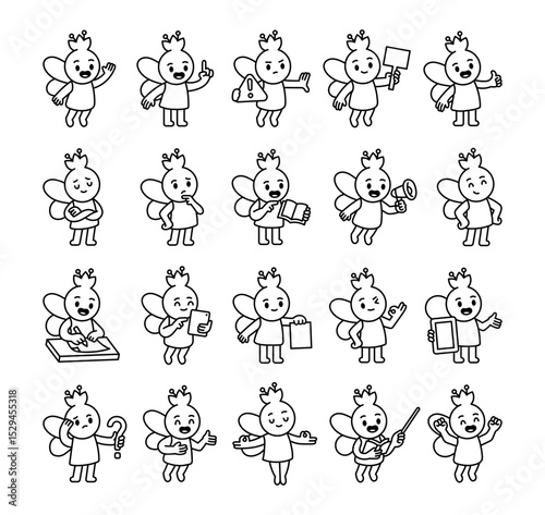 Fairy guide character set showing different school teaching moments with wings, books, hand signs, learning materials and communication tools for yours illustration and creative projects