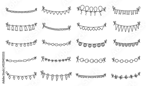 Garland decoration set for birthday parties in outline line art featuring hanging made with twisted threads and festive paper elements for yours illustration and creative designs projects