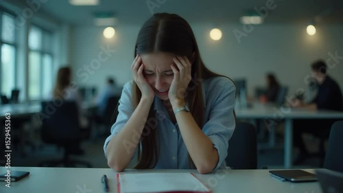 Stressed young woman holding her head in an office workspace