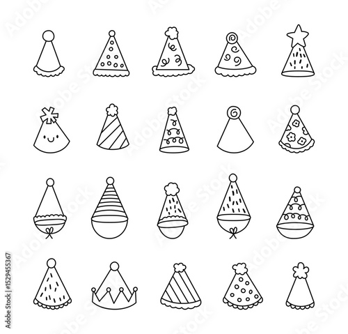 Party hat decoration set features outline line art designs with cone shapes made from paper for birthday and holiday celebration events and for yours illustration and creative projects