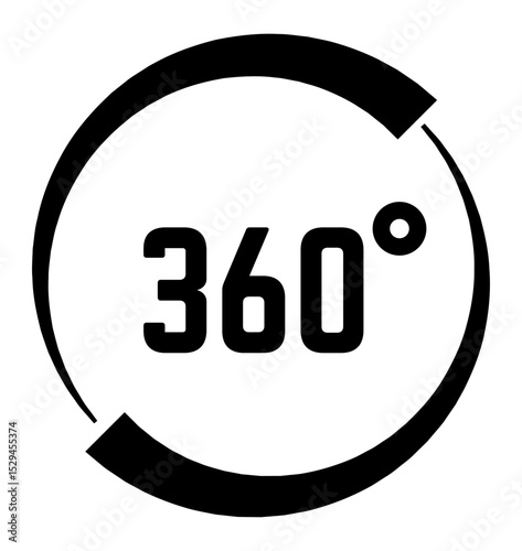 Black and white 360 degrees angle icon representing full rotation, virtual reality, augmented reality, spherical panorama, virtual tour, and innovative technology