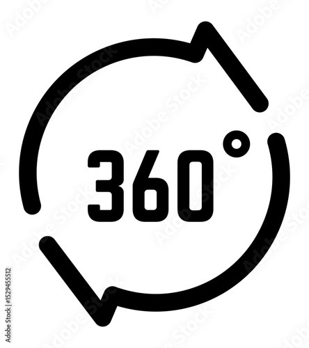 Continuous circular arrow rotating 360 degrees, symbolizing a full rotation, cycle, or panoramic view, ideal for virtual reality, immersive experiences, or comprehensive coverage concepts