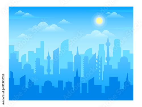 Modern urban cityscape silhouette with skyscrapers and towers rising against a sunny blue sky with fluffy clouds creating a vibrant and futuristic atmosphere