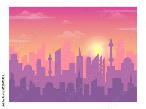 Urban skyline silhouette featuring modern buildings rising against a stunning sunset backdrop, with vibrant pink and orange hues painting the sky, creating a captivating cityscape