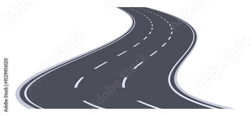 Winding highway disappearing into the distance with white dashed lines on a white background representing travel, journey, and transportation