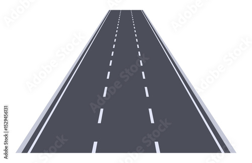 Straight asphalt road stretching into the horizon against a white background, featuring perspective lines and white dashed markings that divide the lanes, symbolizing endless journeys