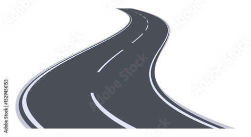 Winding highway disappearing into the distance on a white background, representing concepts such as journey, travel, and the unknown future