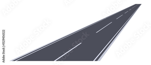 Long straight asphalt road disappearing into the distance on a white background conveying a sense of journey, adventure, and endless possibilities