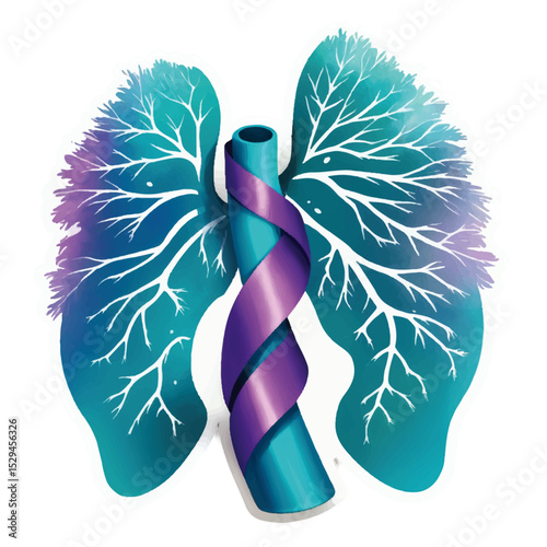 Lungs Anatomy Illustration Teal Purple Ribbon Awareness Medical Healthcare Design | World Bronchiectasis Day