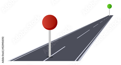 Red and green push pins marking the starting point and destination along a long road, representing the excitement of planning a road trip or journey filled with adventure