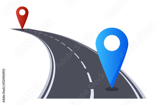 Winding road is connecting a red and a blue gps map pin, indicating the start and finish locations of a journey, symbolizing navigation, travel and route planning