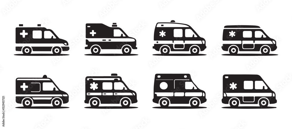 Obraz premium A collection of six simple, black silhouette illustrations of ambulances vector art on white