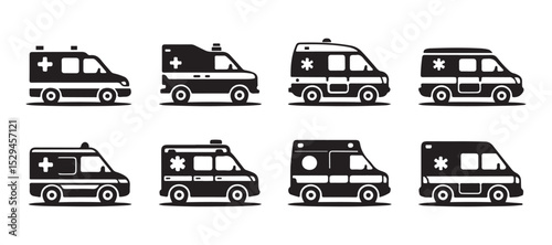 A collection of six simple, black silhouette illustrations of ambulances vector art on white