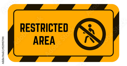 Horizontal rectangular sign indicating a restricted area, featuring bold black text on an orange field with black and yellow diagonal stripes and a black no walking symbol