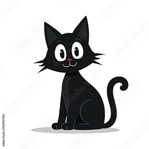 Cartoon Cat Black Silhouette Vector with Big Eyes and Curved Tail on White Background