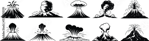 Vector illustrations of volcanic eruptions with various explosions, smoke clouds, and lava flows, bold black silhouettes of volcanoes flat vector illustration