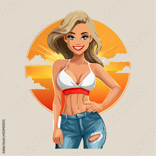 Vector illustration of a confident cartoon woman with curvy figure, wearing a stylish crop top and sunglasses, standing with a bold pose and street art background