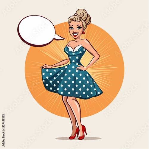 Modern vector cartoon of a voluptuous woman in a retro pin-up pose, wearing a polka-dot dress and red heels, with a classic pop-art background and speech bubble