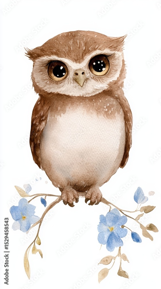 Fototapeta premium Cute owl illustration perched on a branch with delicate blue flowers, showcasing its large expressive eyes and soft feathers, perfect for children's decor and nature-themed designs