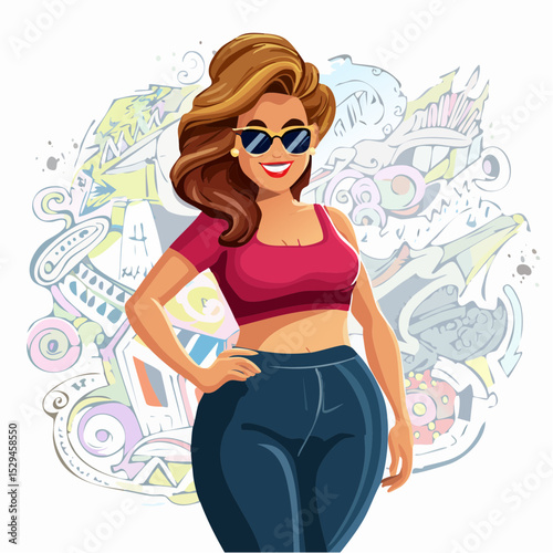 Vector illustration of a confident cartoon woman with curvy figure, wearing a stylish crop top and sunglasses, standing with a bold pose and street art background