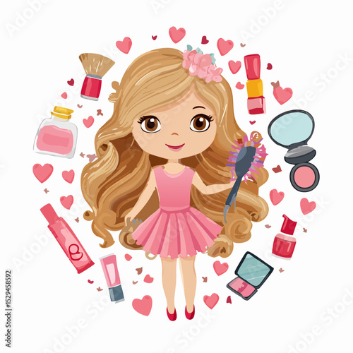 Chic vector illustration of a cartoon fashion doll with long hair, holding a hairdryer and makeup brush, surrounded by beauty icons — beauty queen T-shirt theme
