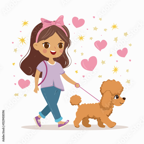 Pastel-colored vector art of a stylish cartoon girl walking a small poodle with a pink bow, with hearts and sparkles in the background — sweet and trendy for T-shirt