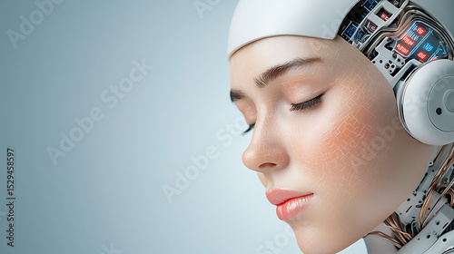 Futuristic robot portrait studio setting digital art sci-fi environment close-up view human-machine concept