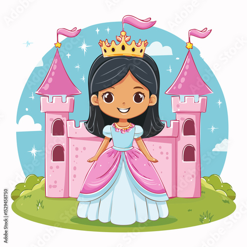Cute vector cartoon of a girl in a princess gown with a tiara and sparkles, standing in front of a magical pink castle — fairytale-style T-shirt design