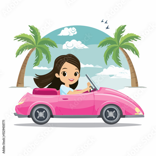 Stylized vector of a fashionable cartoon girl driving a pink convertible with wind in her hair and palm trees in the background — perfect for a playful T-shirt print
