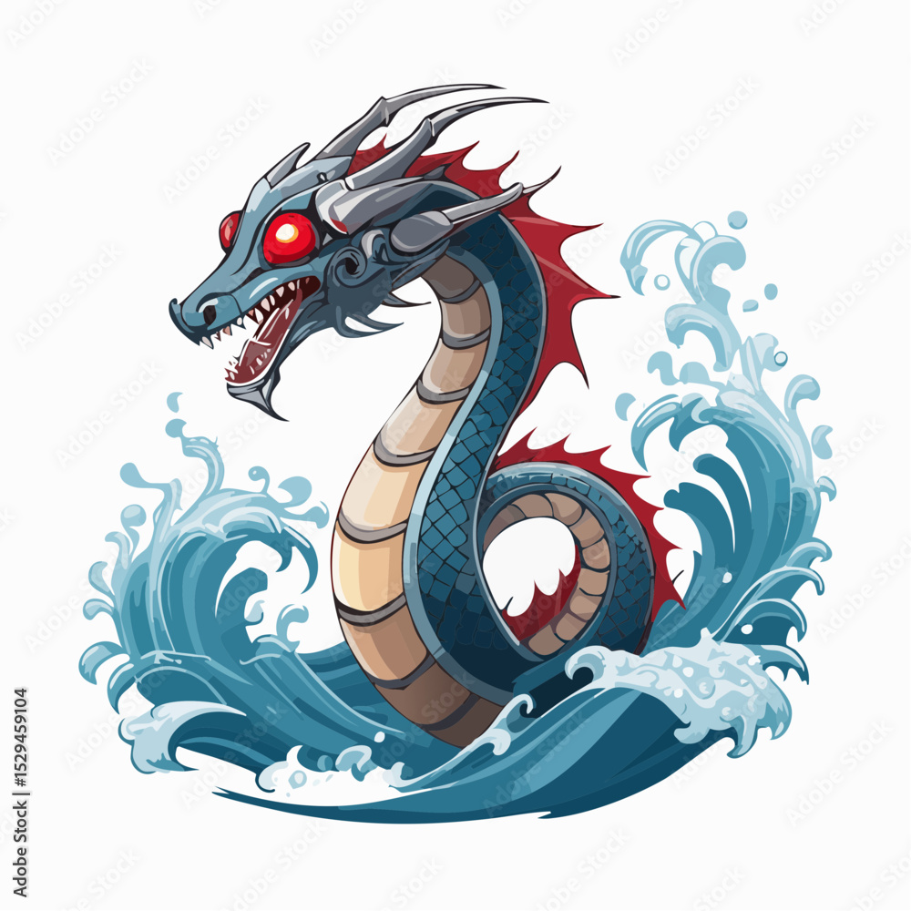 Obraz premium Futuristic 3D vector of a robotic sea serpent with metallic scales, glowing red eyes, and a serpentine pose curling through digital waves — perfect for tech-style marine beast T-shirt