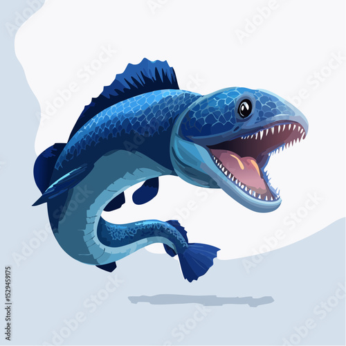 Realistic 3D vector-style depiction of a monstrous moray eel lunging forward with an open mouth, glowing blue lighting for a deep-sea horror aesthetic